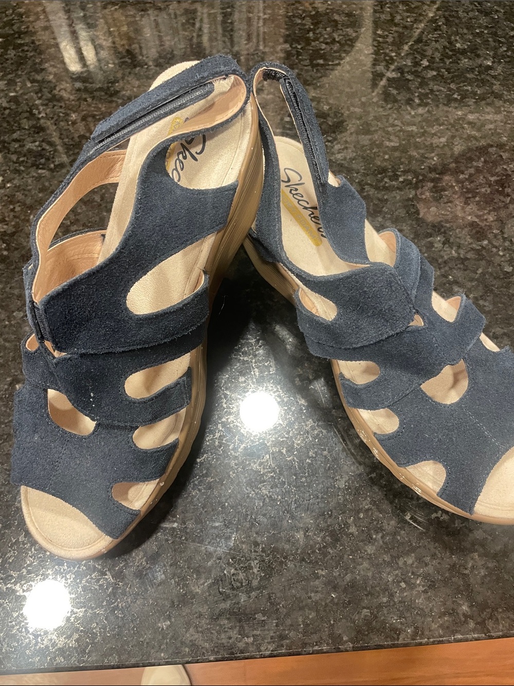 Skechers Navy Suede Cutout Wedge Sandals with Slingback